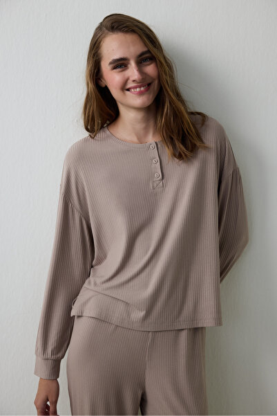 Penti Dark Beige Hello Friday Crew Neck Long Sleeve Pajama Set