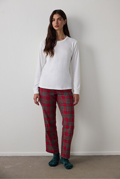 Penti Red Comfy Time Plaid Crew Neck Long Sleeve Pajama Set