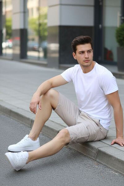 comstar Men's Cargo Pocket Gabardine Stretchy Tight Cream Capri Shorts