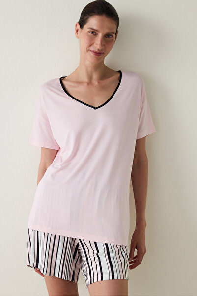 Penti Aging Light Pink Collagen Effect V-Neck Short Sleeve Shorts Pajama Set