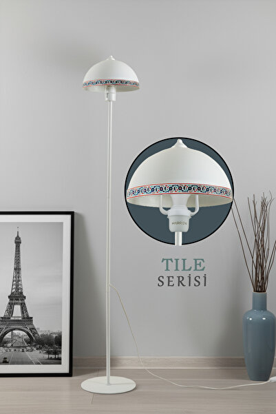 Marrien Luna Tile Tek Ayaklı Beyaz Modern Metal Lambader | Oturma Odası & Yatak Odası & Salon Lambası
