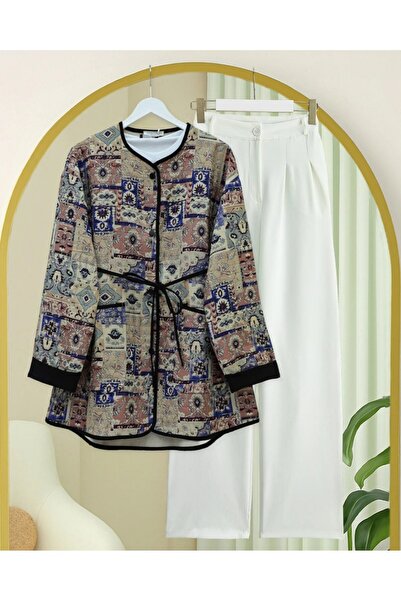 Modamorfo Μπουφάν με έθνικ σχέδιο με διπλωμένο μανίκι και κορδόνι στη μέση - Κρεμ