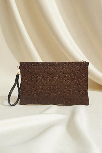 Ecrou Star Patterned Brown Suede Portfolio Bag
