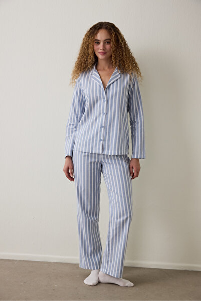 Penti Light Blue Cozy Striped Shirt Collar Buttoned Cotton Long Sleeve Pajama Set