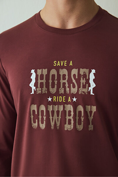 Penti Men's Cowboy Slogan Printed Pajama Set