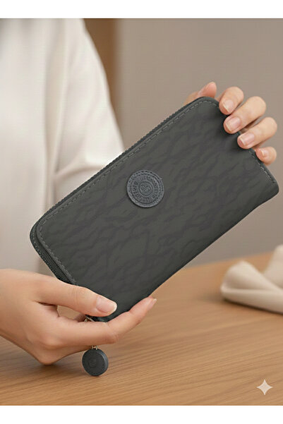 PurpleART Women's Gray Crinkle Fabric Large Size Horizontal Wallet 10X20Cm