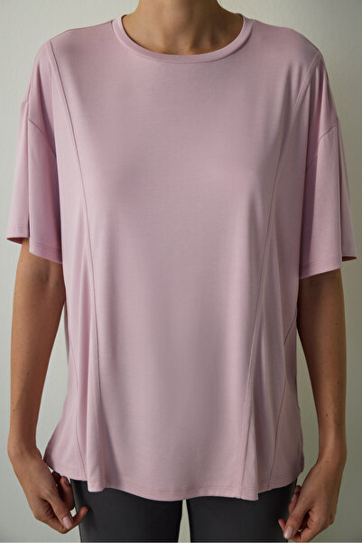 Penti Lilac Crew Neck Stitching Detailed Modal Oversize T-Shirt