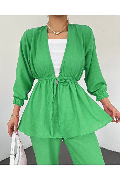 Modamorfo Elastická dvoudílná lněná souprava s kravatou v pase