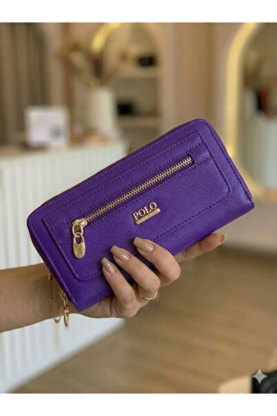 PurpleART Women's Purple Polo Embroidered Magnet Cover Large Size Horizontal Wallet 10X19X5Cm