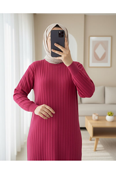 Modamorfo Round Neck Slim Striped Knitwear Tunic - Burgundy