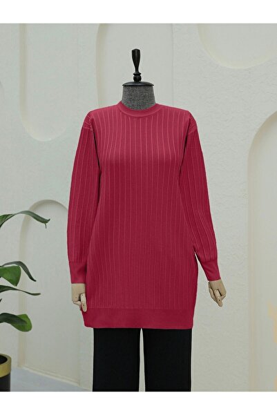 Modamorfo Round Neck Slim Striped Knitwear Tunic - Burgundy
