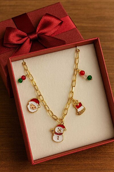 BESMYAR JEWELS 3 Lü Charmlı Boncuklu Yılbaşı Temalı -Gold Renk Zincir-Noel Baba Eldiven Çam Ağacı Charmlı Kolye