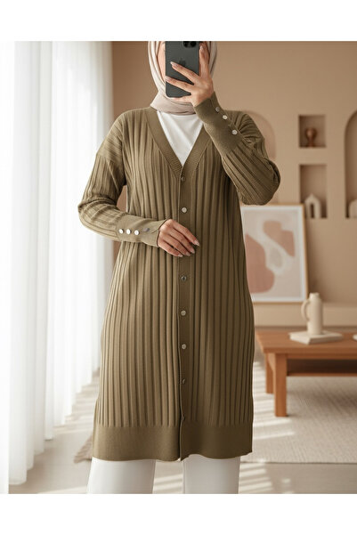 Modamorfo Metal Buttoned Slit Knitwear Cardigan -Mink