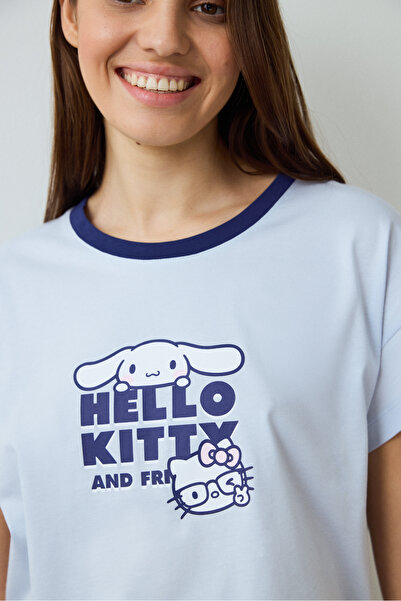 Penti Hellblaues Sanrio Happy Friends Pyjama-Set aus Baumwolle mit kurzärmligen Shorts und Rundhalsausschnitt