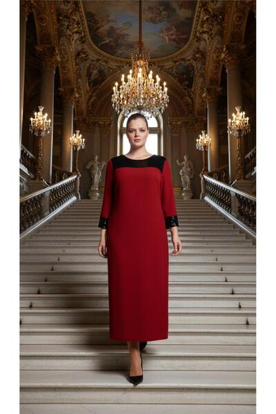 Nidya Moda Büyük Beden Kırmızı Roba Manşet Pullu Payet Abiye Elbise-4056k