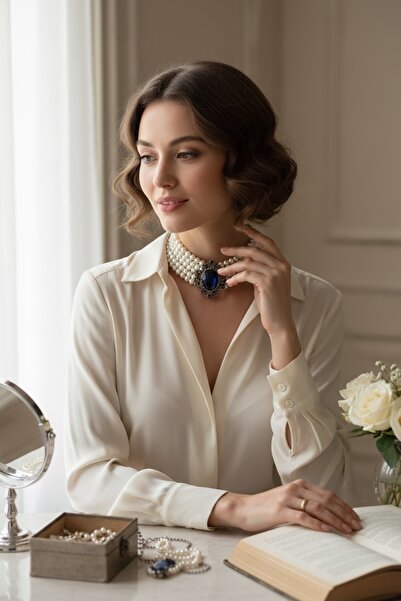 FAYRA ACCESSORIES Kristal Taşlı Chooker Tasma İnci Kolye