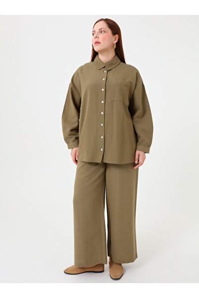 ALİA Shirt Pants Plus Size Double Set - Khaki -