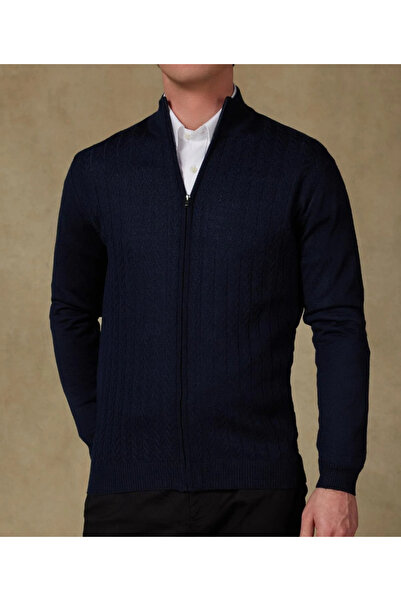 Abbate Seta Knitted Fabric Wool Modern Fit Navy Blue Mock Neck Men's Patterned Knitwear