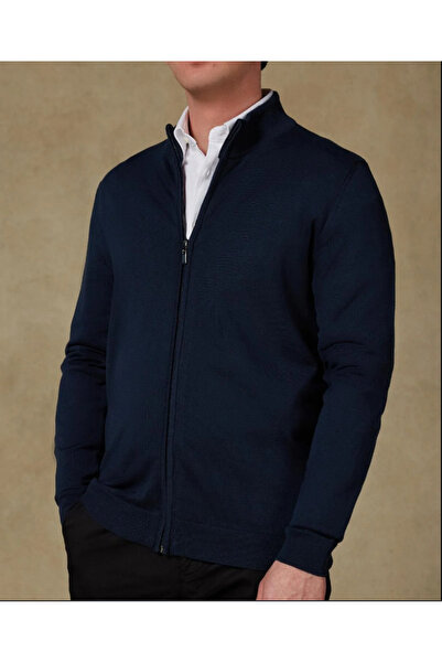 Abbate Seta Knitted Fabric Cotton Modern Fit Navy Blue Mock Neck Men's Plain Knitwear