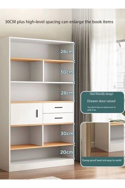 Raffine Modern Multi-Tier Wooden Bookshelf with Drawers and Cabinet, 102x24x181 cm