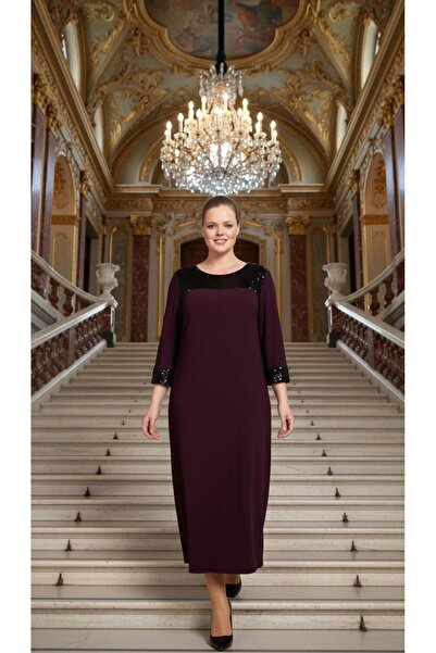 Nidya Moda Büyük Beden Mürdüm Roba Manşet Pullu Payet Abiye Elbise-4056m