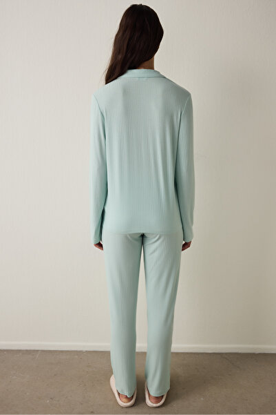 Penti Mint Twill Shirt Collar Buttoned Long Sleeve Sustainable Viscose Pajama Set