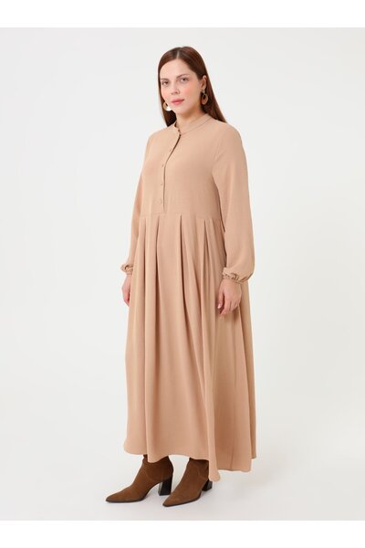 ALİA Judge Collar Button Detailed Plus Size Aerobin Dress - Beige - Alia