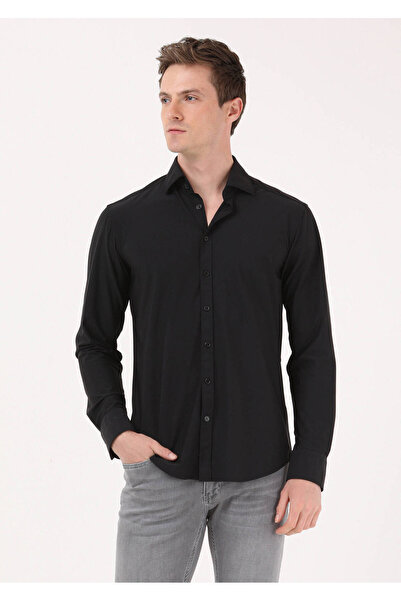 Ramsey Siyah Düz Regular Fit Dokuma Klasik Gömlek