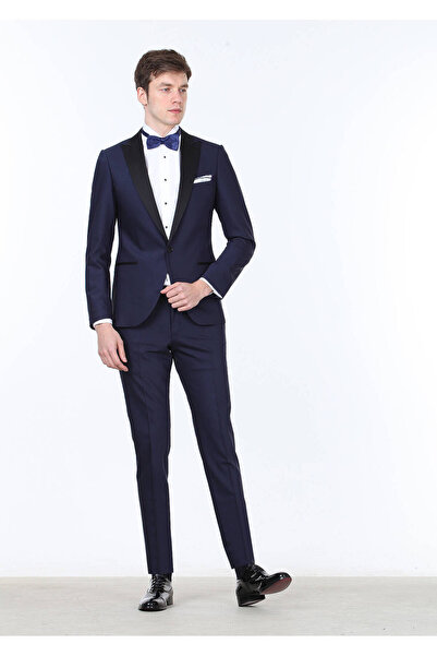 Ramsey Saks Düz Fashion Slim Fit Kruvaze Yaka Dokuma Smokin Takım Elbise