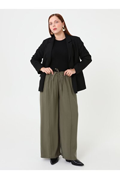 ALİA Ribbed Elastic Waist Plus Size Trousers - Khaki -