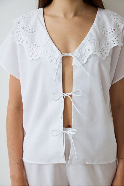 Penti Optical White Alia Lace V-Neck Cotton Short Sleeve Pajama Set