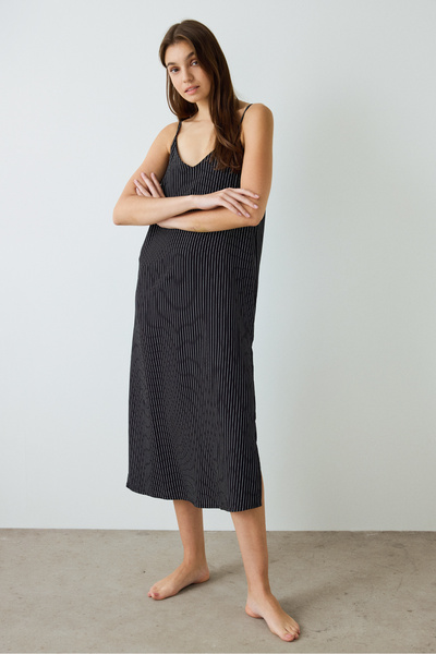 Penti Black Striped V-Neck Adjustable Strap Nightgown