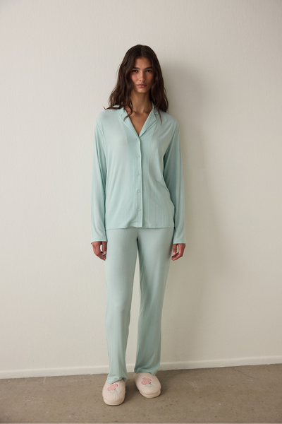 Penti Mint Twill Shirt Collar Buttoned Long Sleeve Sustainable Viscose Pajama Set