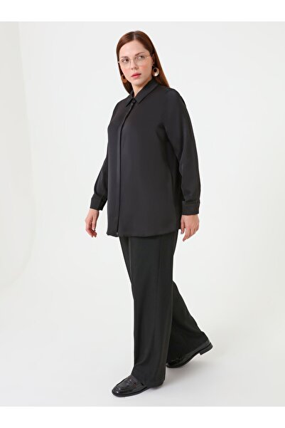 ALİA Plus Size Satin Tunic with Button Detail - Black -