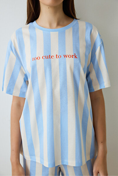 Penti Világoskék aranyos munka pamut csíkos nyakú, rövid ujjú pizsama szett rövidnadrággal