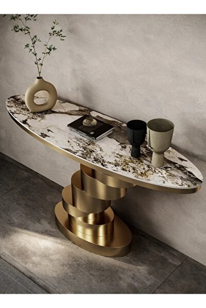 C&C Home Modern Gold Console Table, Geometric Pedestal with Marble Top - 120x35x85 cm