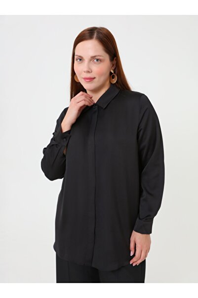 ALİA Plus Size Satin Tunic with Button Detail - Black -