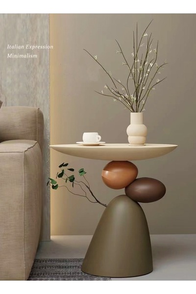 Raffine Modern Scandinavian Resin Side Table - Stone Carved Round Tray Top, 51x29x50 cm