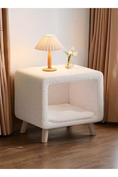 Raffine Multifunction Modern Bedside Table with Cat Nest, Removable Cushion, 50x50x45 cm