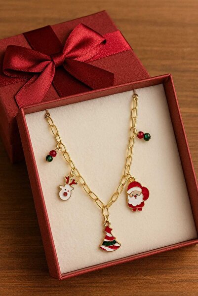BESMYAR JEWELS 3 Lü Charmlı Boncuklu Yılbaşı Temalı -Gold Renk Zincir-Noel Baba Eldiven Çam Ağacı Charmlı Kolye
