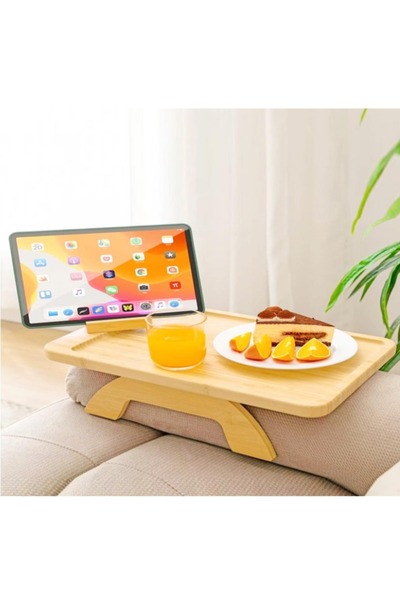 Raffine Bamboo Couch Arm Table with Foldable Tray & 360° Rotating Phone Holder