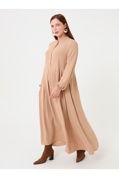 ALİA Judge Collar Button Detailed Plus Size Aerobin Dress - Beige - Alia