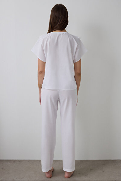 Penti Optical White Alia Lace V-Neck Cotton Short Sleeve Pajama Set