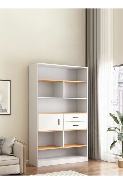 Raffine Modern Multi-Tier Wooden Bookshelf with Drawers and Cabinet, 102x24x181 cm