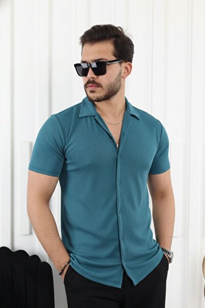 comstar Ανδρικό καλοκαιρινό ελαστικό στενό βασικό κοντομάνικο πουκάμισο μέντας
