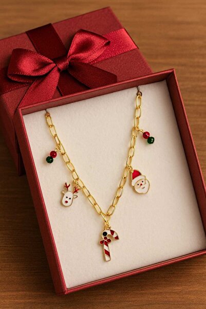 BESMYAR JEWELS 3 Lü Charmlı Boncuklu Yılbaşı Temalı -Gold Renk Zincir-Noel Baba Eldiven Çam Ağacı Charmlı Kolye