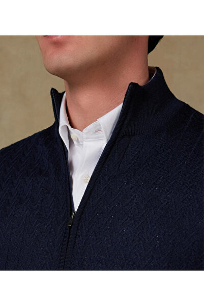 Abbate Seta Knitted Fabric Wool Modern Fit Navy Blue Mock Neck Men's Patterned Knitwear