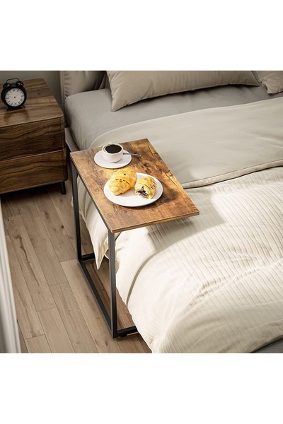 Raffine C-Shaped Couch Laptop End Side Table with Wood Top & Metal Frame