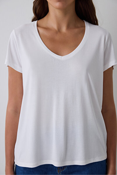 Penti White Modal V-Neck Short Sleeve T-Shirt