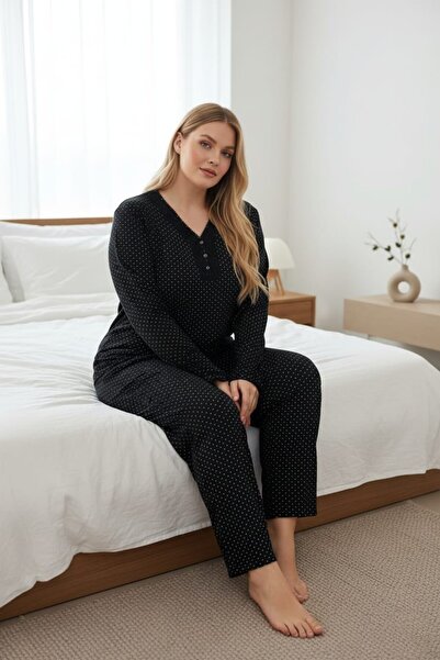 Temporium Women's Large Size Black Polka Dot Patterned Buttoned Collar Long Sleeve Bamboo Pajama Set